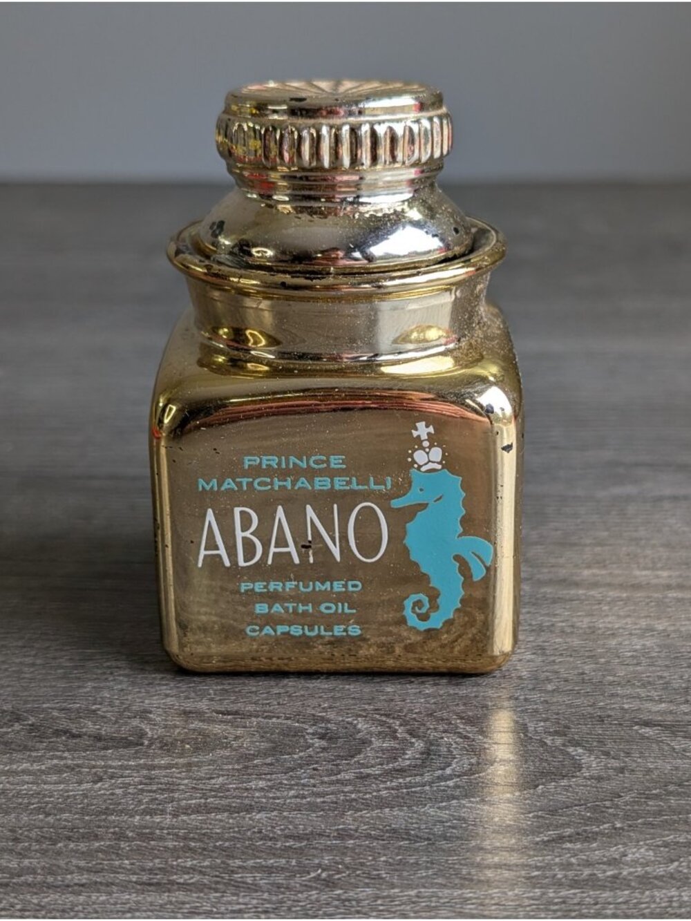 Vintage 1960s Prince Matchabelli Abano Bath Oil Capsules EMPTY Gold Jar Seahorse